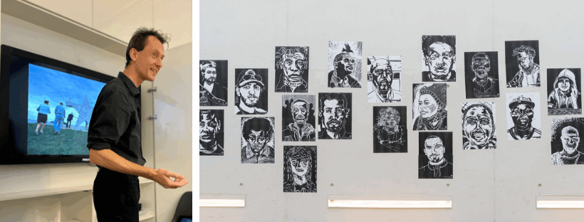 Links: Domenique Himmelsbach geeft lezing over activistische kunst | Rechts: 'Een Papieren Monument voor de papierlozen' - HIMMELSBACH in de Lichtstraat van De Cacaofabriek